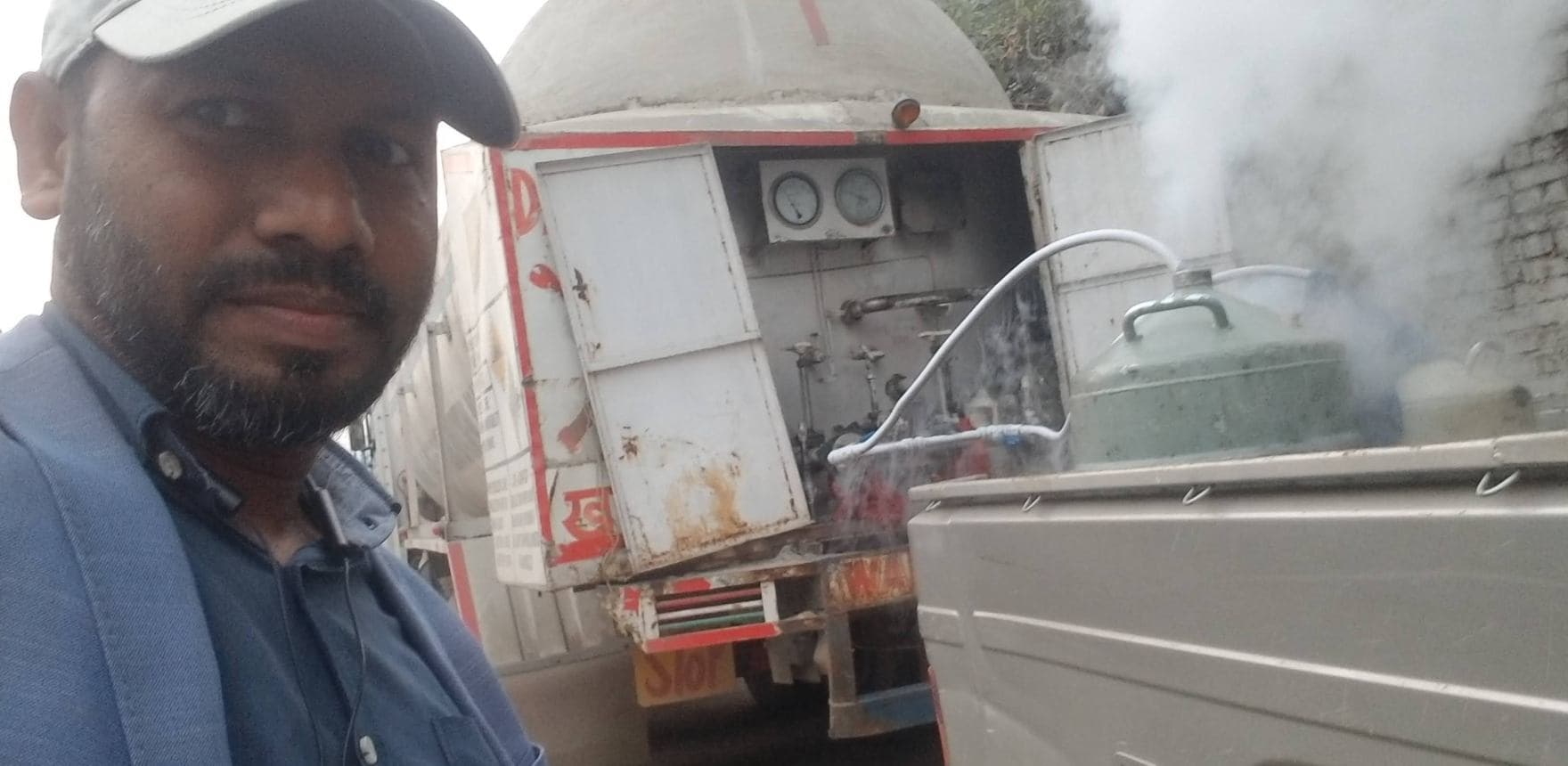 Liquid-nitrogen transport equipment being filled in the field, Bangladesh